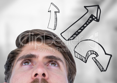 Top of man's head looking up and 3D grey upward arrows against blurry grey stairs