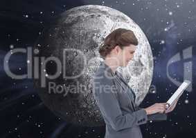 Woman Texting in front of moon