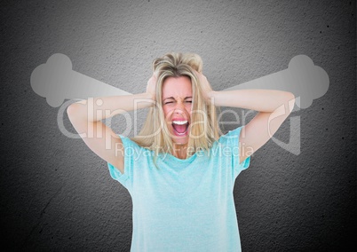 anger young woman shouting with steam on ears and hand on head.