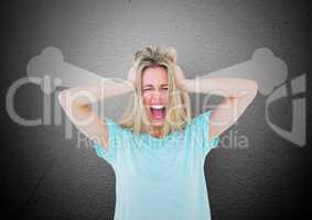 anger young woman shouting with steam on ears and hand on head.