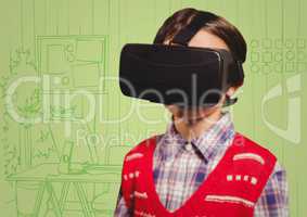 Boy in virtual reality headset against green hand drawn office