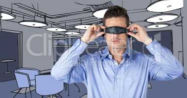 Business man in virtual reality headset against 3D blue hand drawn office