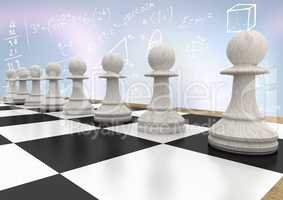 3D Chess pieces against lilac abstract background with white math doodles