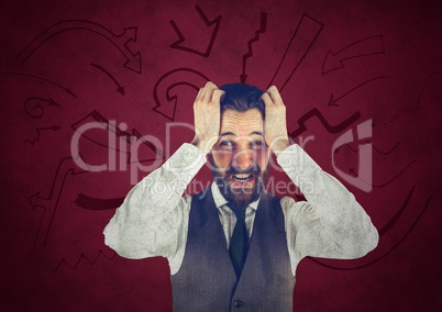 Frustrated business man against maroon background and arrow graphics