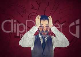 Frustrated business man against maroon background and arrow graphics