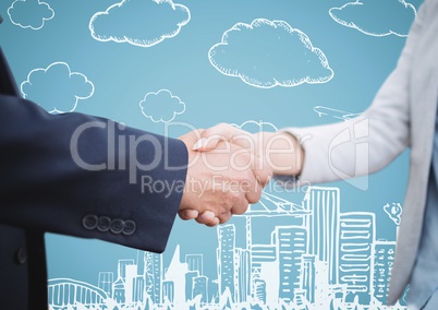 Handshake against blue background with 3d white city doodle
