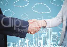 Handshake against blue background with 3d white city doodle