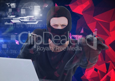 Hacker holding a smartphone and trying to hold the lens in front of 3d minimalist background