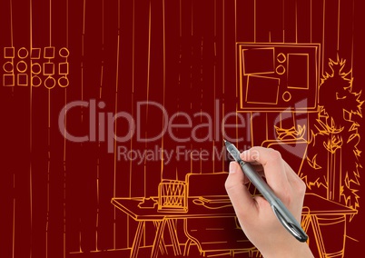 3d hand drawing office orange lines on dark red background
