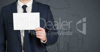 3d Business man mid section with blank card against grey background