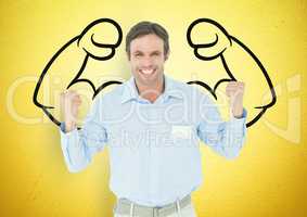happy businessman hands up in front of fists draw on yellow wall