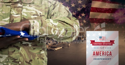 Part of a 3d soldier holding an american flag for independence day