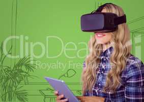 Woman in virtual reality headset with tablet against 3D green hand drawn office