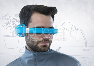 Man in blue virtual reality headset against 3D white and grey hand drawn office