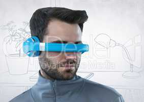 Man in blue virtual reality headset against 3D white and grey hand drawn office