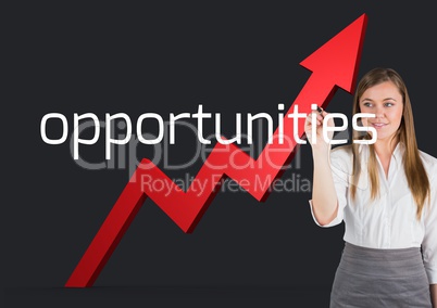 Business young woman writing OPPORTUNITIES on the screen. Behind she red arrow going up