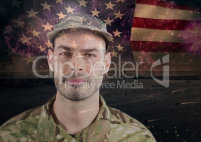 Happy soldier standing on a n american flag background