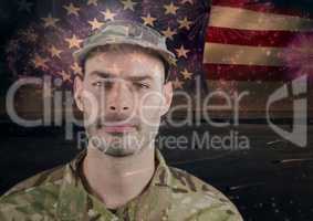 Happy soldier standing on a n american flag background