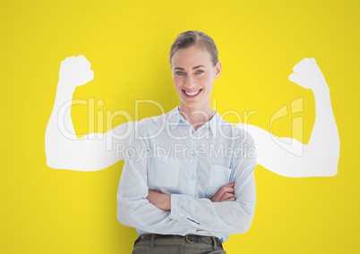 happy businesswoman hand folded in front of fists white draw on yellow wall