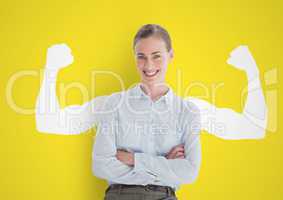 happy businesswoman hand folded in front of fists white draw on yellow wall