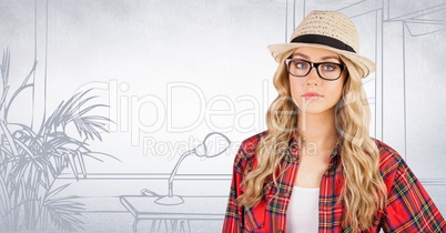Millennial woman in fedora against white hand drawn office
