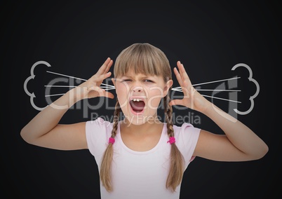 anger girl with steam on ears. Black  background