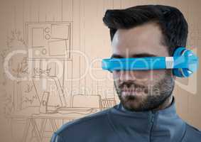 Man in blue virtual reality headset against cream hand drawn office