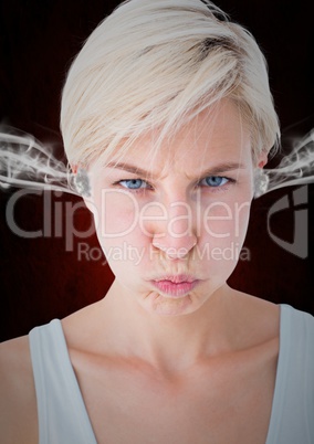 anger young woman with 3D steam on ears. Black and red background