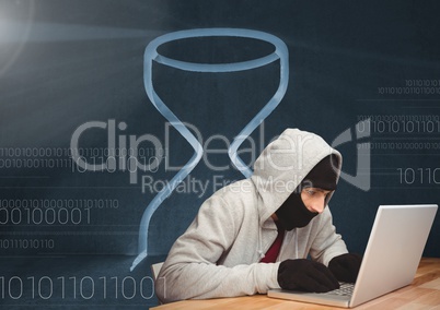 3D Hacker using a laptop in front of digital background with an hourglass