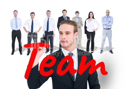 businessman writing TEAM in the screen with the team behind