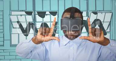 Business man in virtual reality headset doing photo gesture against 3d blue hand drawn windows