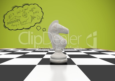 3d Chess piece against green background and thought cloud with math doodles