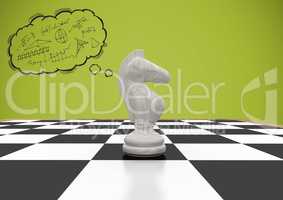 3d Chess piece against green background and thought cloud with math doodles
