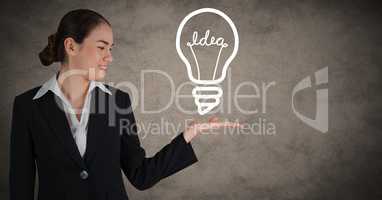 3d Business woman with lightbulb graphic in hand against brown background with grunge overlay