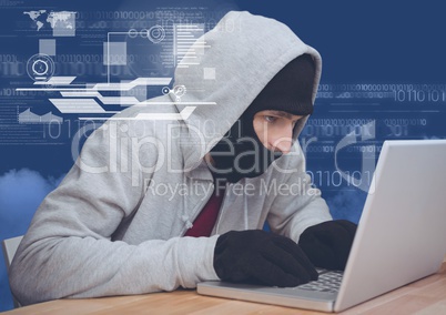 Hacker using a 3d laptop in front of blue digital background