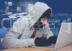 Hacker using a 3d laptop in front of blue digital background