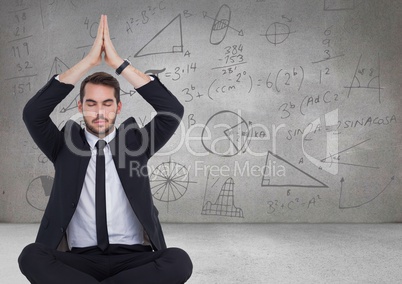 3d Business man meditating in grey room with math doodles