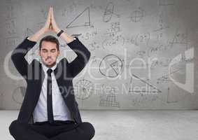 3d Business man meditating in grey room with math doodles