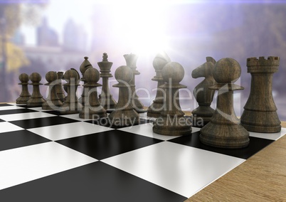 3d Chess pieces against blurry background with flares