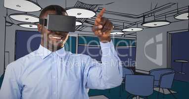 3d Business man in virtual reality headset pointing against blue hand drawn office