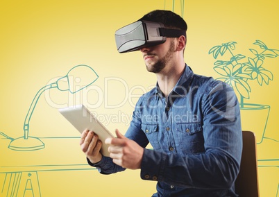 Man in 3d virtual reality headset with tablet against yellow and blue hand drawn office