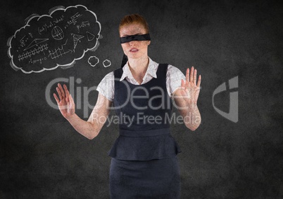 Blindfolded business woman with thought cloud showing math doodles against grey wall