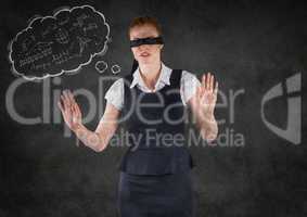 Blindfolded business woman with thought cloud showing math doodles against grey wall