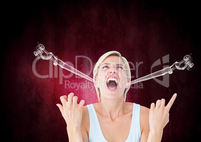 anger young woman shouting with steam on ears. Black and pink background