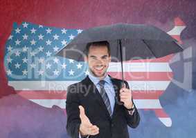 Business man holding umbrella and shaking his hands against 3d american flag