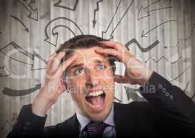 Frustrated business man against blurry wood panel and 3D arrow graphics
