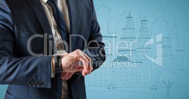 Business man mid section looking at watch against blue background with city doodle