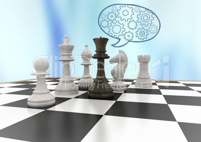 3D Chess pieces against blue abstract background and blue speech bubble with cogs