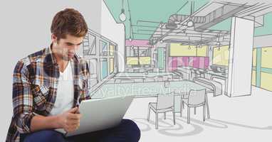 Millennial man at computer against 3D hand drawn office