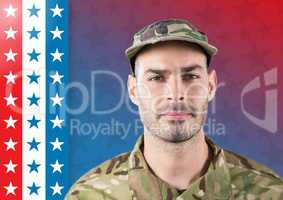 Soldier in front of american background with stars